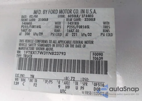 2000 Ford F-150 Lariat/Work Series/Xl/Xlt from USA, damaged, VIN 1FTRX17W3YNB23793